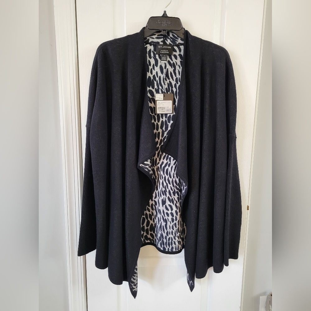 NWT St. John Leopard Print Wool Blend Waterfall Cardigan Caviar Multi Size XL